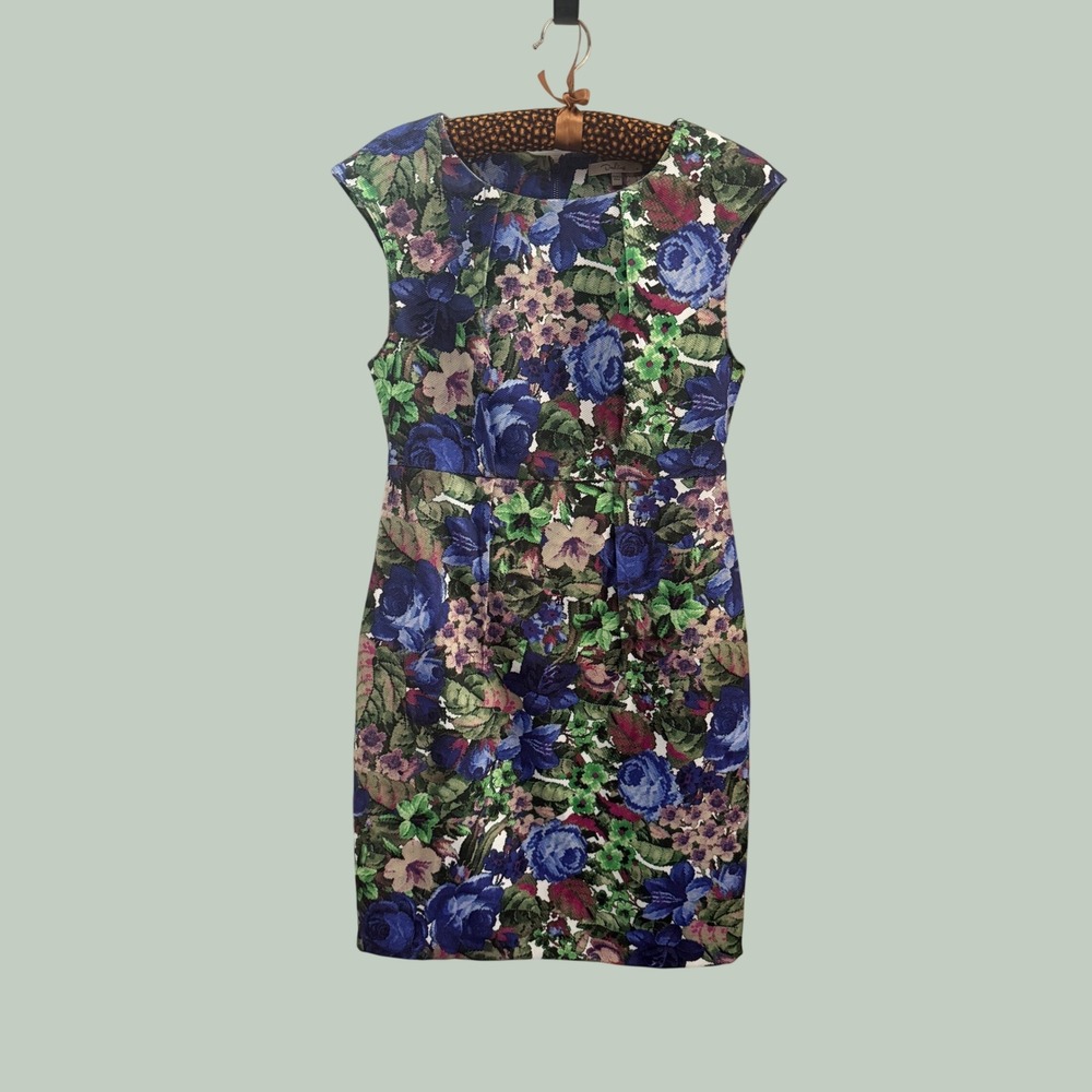 Darling London Floral Tapestry Jacquard‎ Sheath Dress Blue Green Purple Sz S